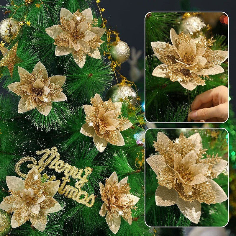 10PCS Glitter Artificial Christmas Flowers for Xmas Tree Ornament Fake Flower Floral with Clips New Year Party Home Decoration