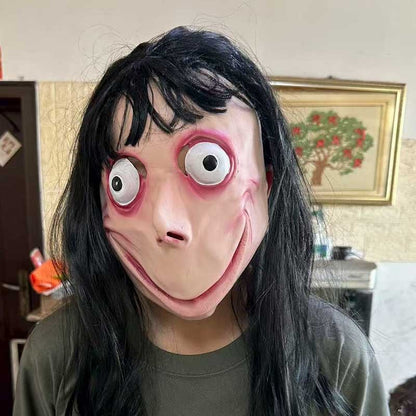 Halloween Creepy Female Ghost Momo Mask, Latex Horror Full Face Mask With Long Hair, Spooky Prank Mask For Adult Cosplay, Bar Pa