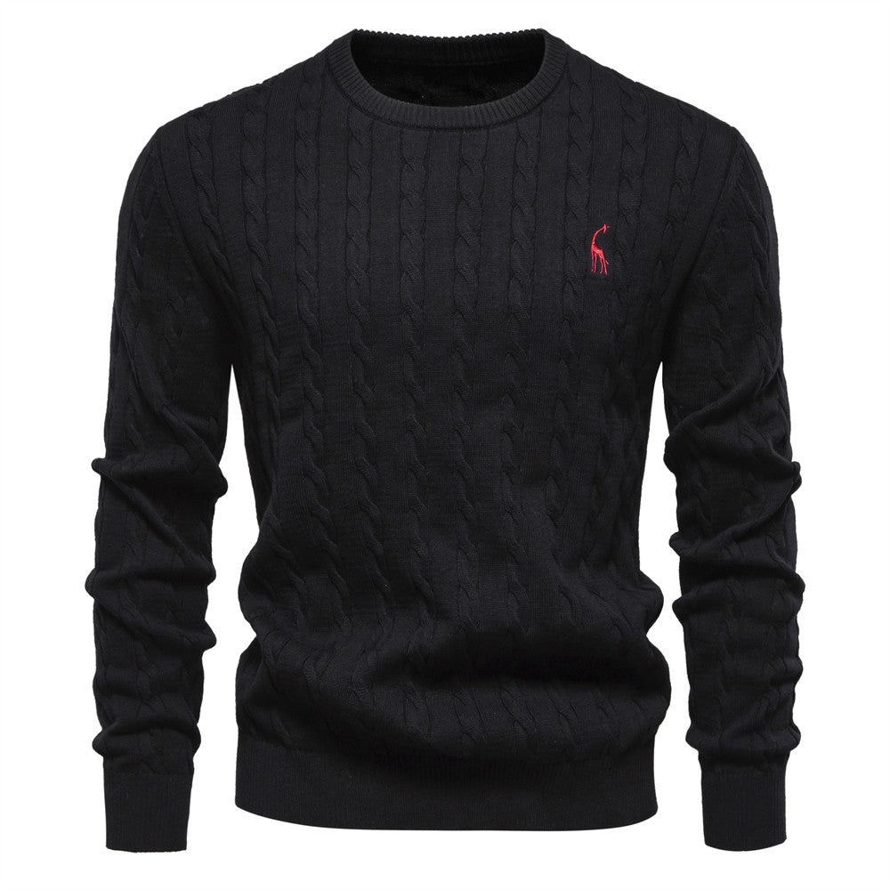 AIOPESON Mens Giraffe Embroidery Cotton Sweaters Round Neck Classic Twist Patterned Pullover Knitted Sweater for Men