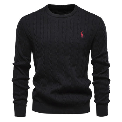 AIOPESON Mens Giraffe Embroidery Cotton Sweaters Round Neck Classic Twist Patterned Pullover Knitted Sweater for Men