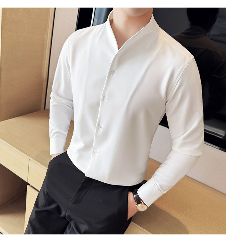 Advanced Sexy V-neck Men's Long Sleeved Shirt Designer Stand Up Collar Shirt Business Social Slim Fit Black and White Top
