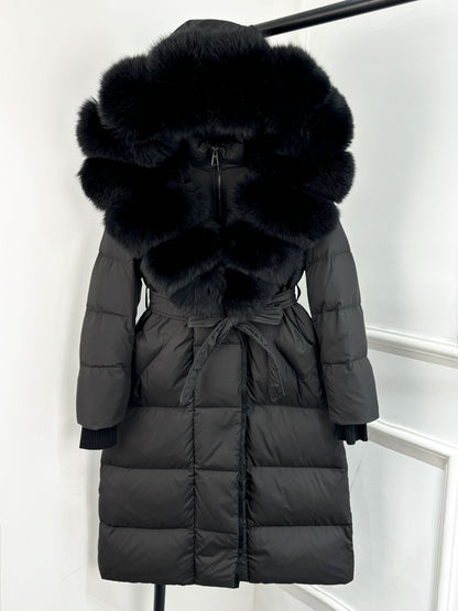 Janveny New Winter Long Hooded Puffer Jacket Women Warm Thickened Real Fox Fur Collar White Goose Down Jacket Waterproof Parkas