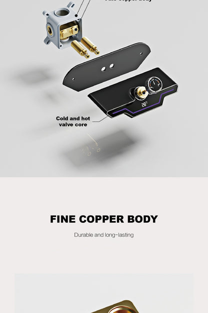 Luxury black brass wall mounted thermostatic bathroom faucet with LED digital display design, embedded hot and cold bathtub Tap