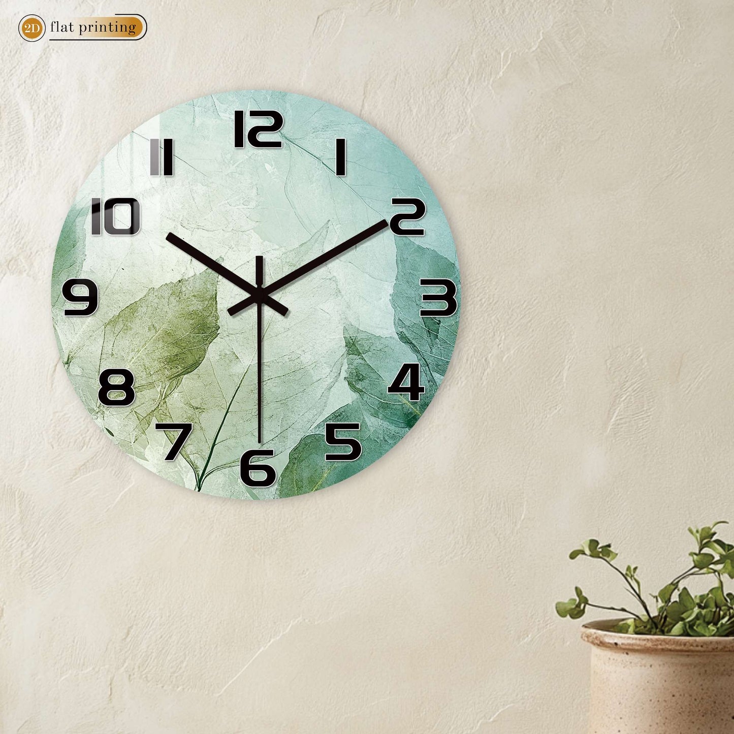Fresh Green Leaf Print Wall Clock - Minimalist Botanical Pattern, Noiseless Sweeping Mechanism, Kitchen/Bathroom Decorative Time