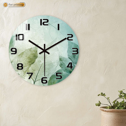 Fresh Green Leaf Print Wall Clock - Minimalist Botanical Pattern, Noiseless Sweeping Mechanism, Kitchen/Bathroom Decorative Time