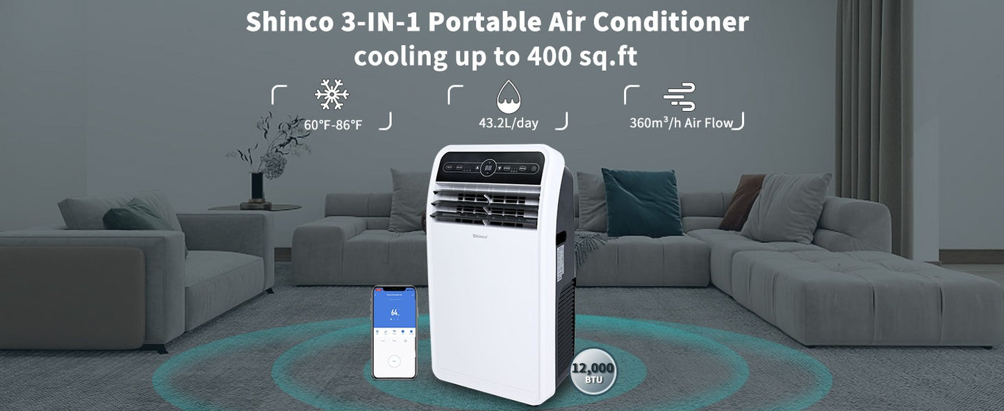 Ar-Condicionado Portátil Shinco 12.000 BTU Smart Wi-Fi, Unidade de AC Portátil com Modos Integrados de Resfriar, Desumidificar e Ventilar para Ambientes