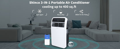 Ar-Condicionado Portátil Shinco 12.000 BTU Smart Wi-Fi, Unidade de AC Portátil com Modos Integrados de Resfriar, Desumidificar e Ventilar para Ambientes