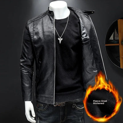 Men's Biker Leather Jacket Autumn Winter Thickened Fleece Casual Versatile Slim Fit Large Size PU Leather Coat