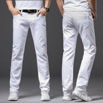 Calça Jeans Masculina Branca Casual Clássica Slim Fit Macia Marca Masculina Avançada Stretch