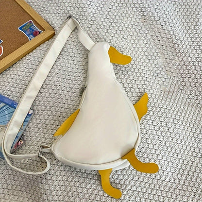 Beige and white new cute duck shape canvas bag student chest bag shoulder bag trend funny cartoon crossbody bag 1 outfit