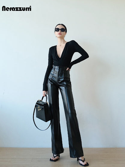 Nerazzurri Stylish Chic Black Soft PU Leather Straight Pants Women High Waist Autumn Winter Ladies Faux Leather Trousers 2023