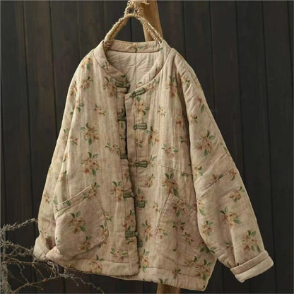 Johnature Vintage Buckle Floral Print Chinese Style Parkas 2025 Woman Winter New Long Sleeves Loose Single Breasted Parkas