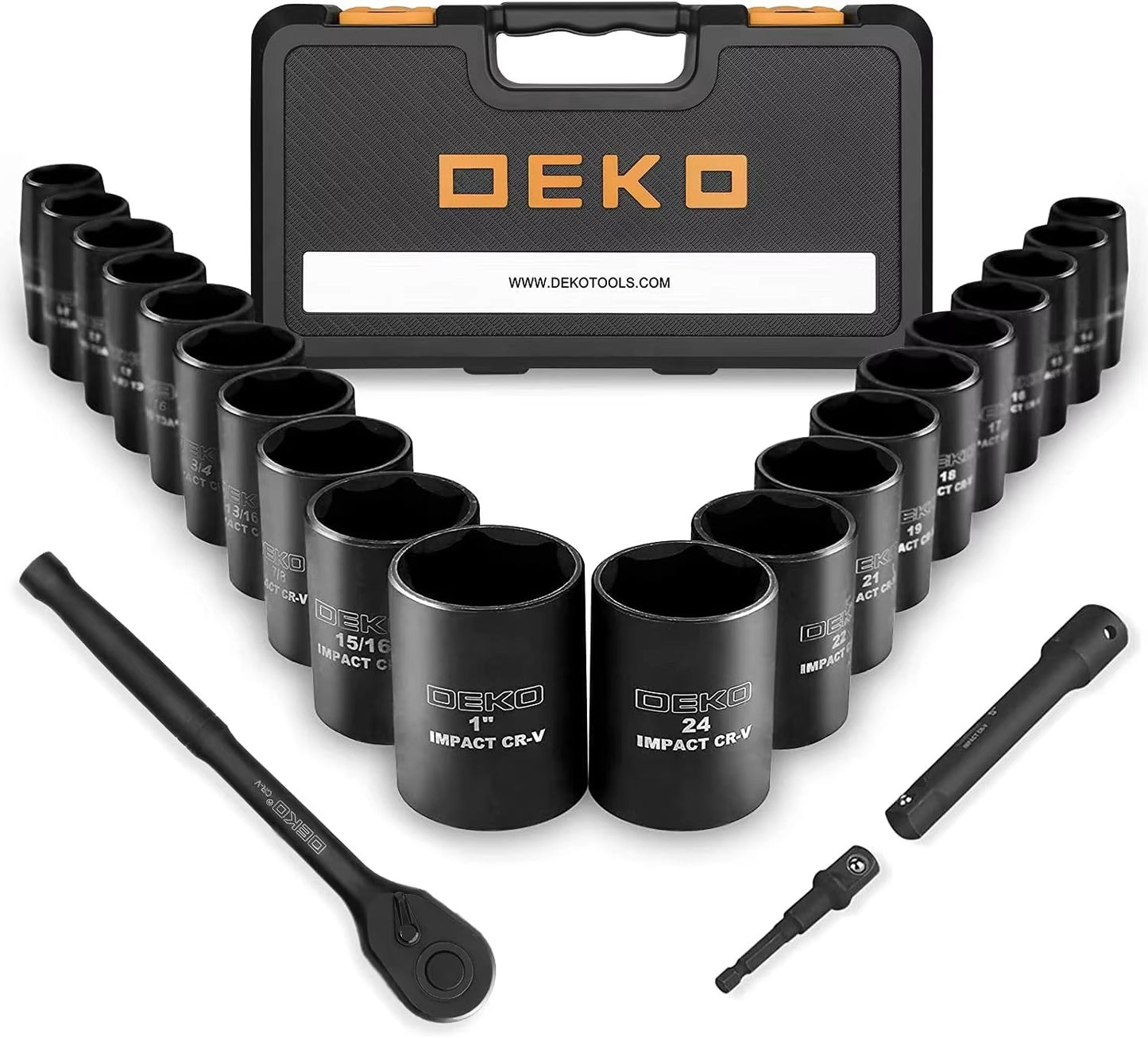DEKO Jogo de Soquetes com Encaixe de 1/2" e 23 Peças, Jogo de Ferramentas Mecânicas com Catraca Reversível de 72 Dentes, Jogo de Soquetes de Impacto de 1/2 Polegada