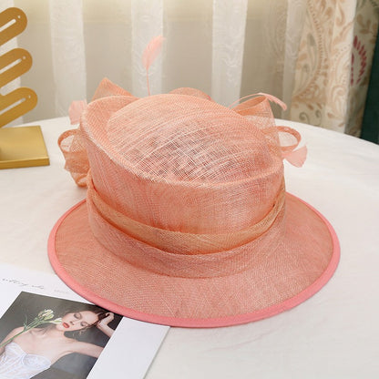 Chapéu de sol de aba grande com design de padrão de fio de cânhamo duplo, acessórios de pena, elegante chapéu de banquete, chapéu de praia para casamento ou férias, chapéu equestre