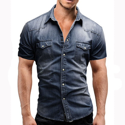 New 2025 Men's Denim Shirt Fashion Short Sleeve Soft Solid Slim Cowboy Tops Men Trend Streetwear Vintage Casual Cardigan T-shirt