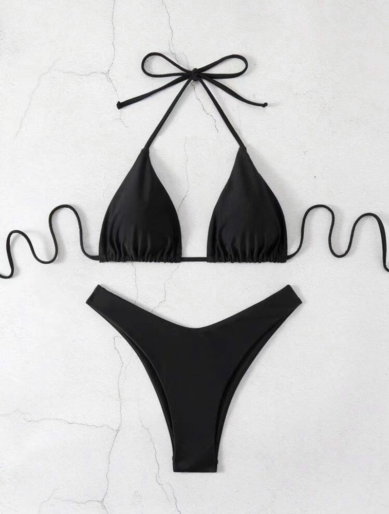 2025 New Bikini Set Women Sexy Simple Solid White/Black/Coffee Halter Bikini Swimsuit Lace Up Brazilian Beach Bathing Suit