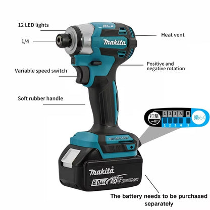 2025 Makita DTD173 bule 18v Brushless Lithium-ion Impact Driver Power Tool Ferramenta Multifuncional, Broca, Ferramenta Elétrica