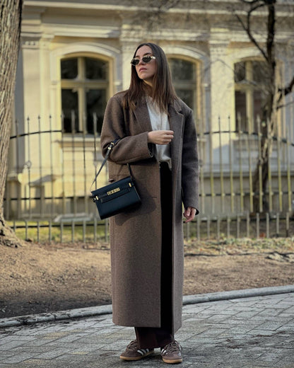 Women Elegant Shoulder Pad Wool Blend Overcoat Brown Lapel Single-breasted Long Sleeve Coat 2025 Autumn Lady Commuter Outerwear
