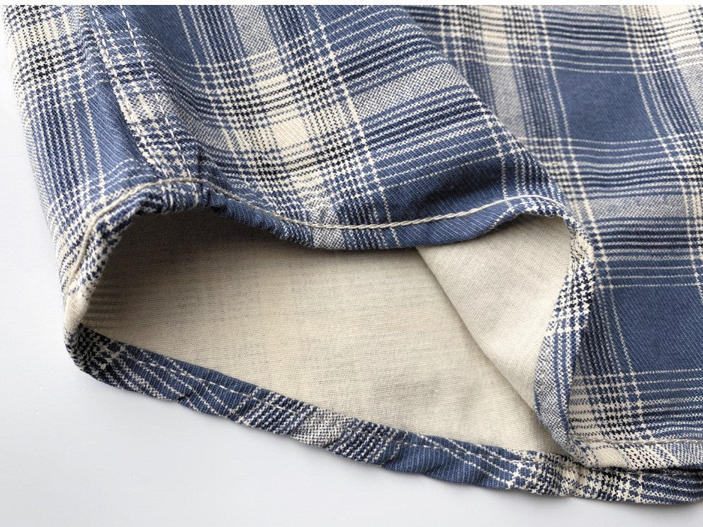 2025 Summer New American Retro Short Sleeve Lapel Plaid Cargo Shirt Men's Simple 100% Cotton Washed Single Pocket Casual Blouses