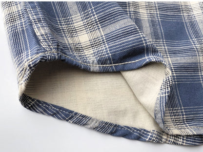 2025 Summer New American Retro Short Sleeve Lapel Plaid Cargo Shirt Men's Simple 100% Cotton Washed Single Pocket Casual Blouses