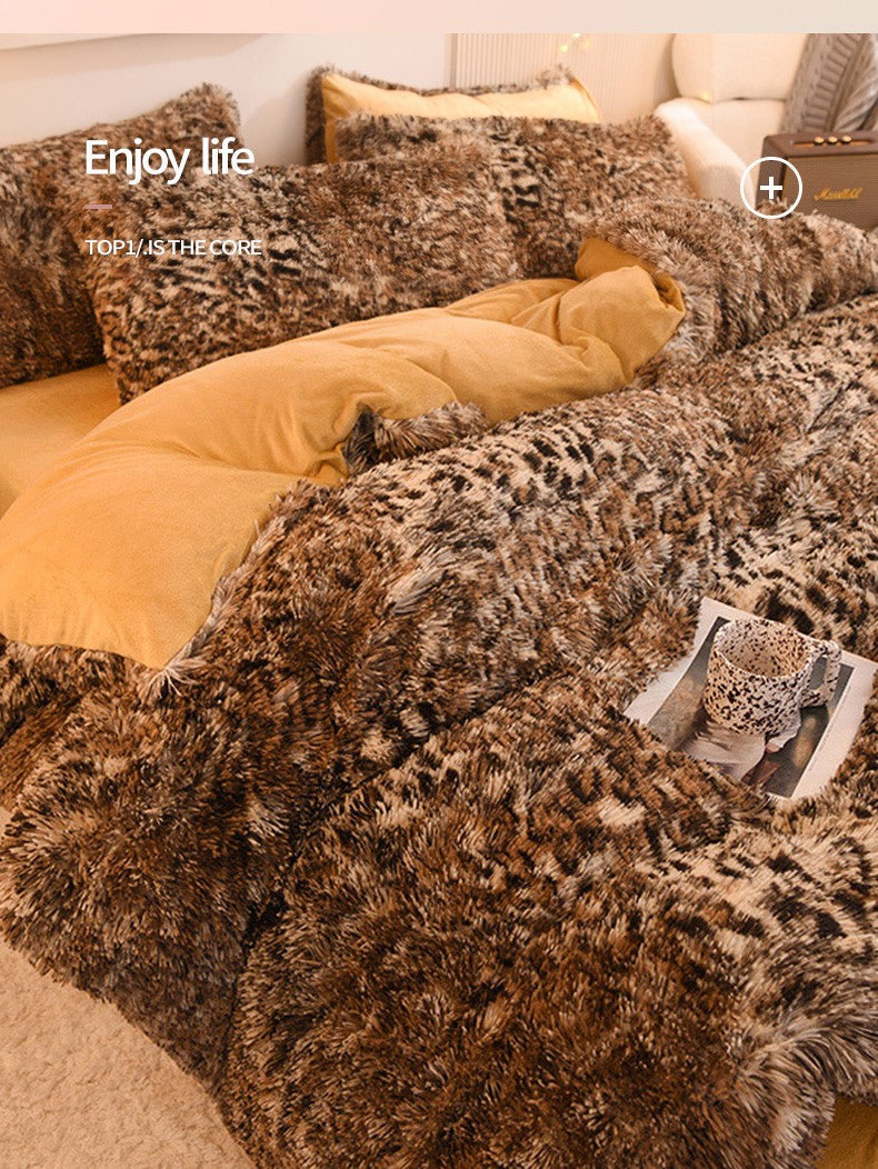 3pcs Luxurious Leopard Print Faux Fur Plush Duvet Cover Set - Ultra-Soft, Warm, and Fluffy Shaggy Design with Zipper Closure - I