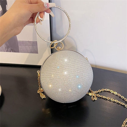 Fashion Circular Evening Bag Luxury Wedding Party Shoulder Bags Elegant Rhinestone Decorative Chain Banquet Clutch Handbags