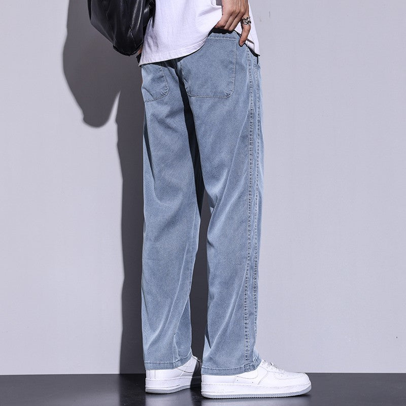 Calça Masculina de Verão Leve Fina Solta Reta Perna Larga Popular com Cordão na Cintura Elástica Coreana Tecido Lyocell Calças Folgadas