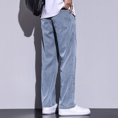 Calça Masculina de Verão Leve Fina Solta Reta Perna Larga Popular com Cordão na Cintura Elástica Coreana Tecido Lyocell Calças Folgadas