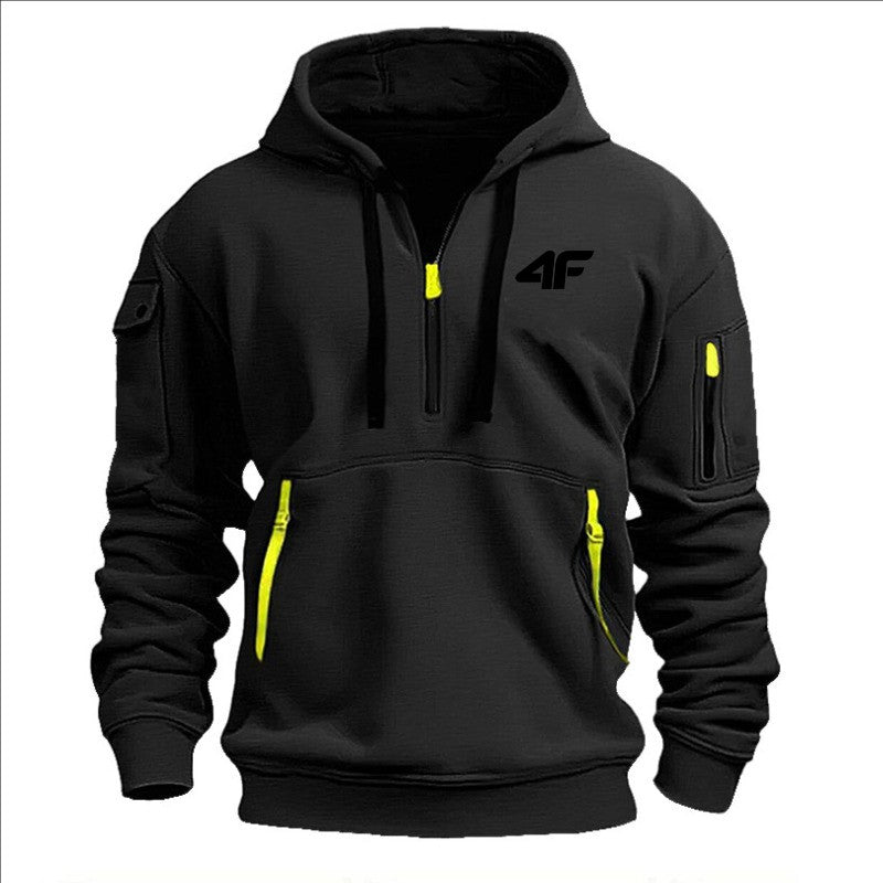 2025 Men's hooded sweater casual sports jumper vintage Harajuku long sleeve zipper multi-pocket casual loose coat Street