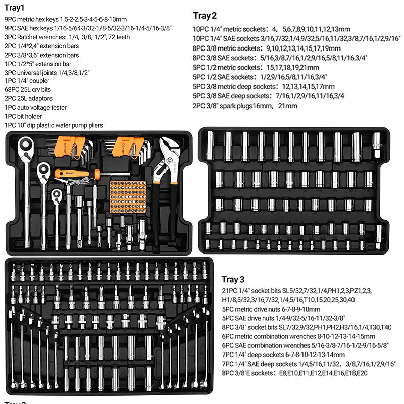 Jogo de Ferramentas Manuais e Soquetes DEKO Mechanic 234 Peças Chave Catraca de 1/2 1/4 3/8 Polegadas Caixa de Ferramentas Automotivas para Carro e Reparos Domésticos