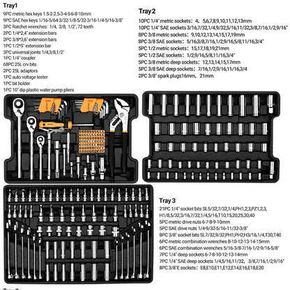 Jogo de Ferramentas Manuais e Soquetes DEKO Mechanic 234 Peças Chave Catraca de 1/2 1/4 3/8 Polegadas Caixa de Ferramentas Automotivas para Carro e Reparos Domésticos