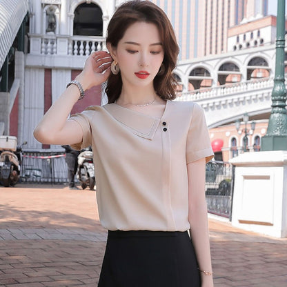 Women Spring Summer Style Chiffon Blouses Shirts Lady Casual Asymmetrical Collar Short Sleeve Chiffon Blusas Tops DF4028