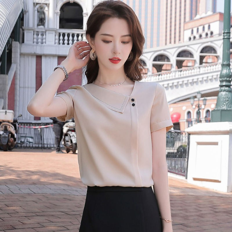 Women Spring Summer Style Chiffon Blouses Shirts Lady Casual Asymmetrical Collar Short Sleeve Chiffon Blusas Tops DF4028