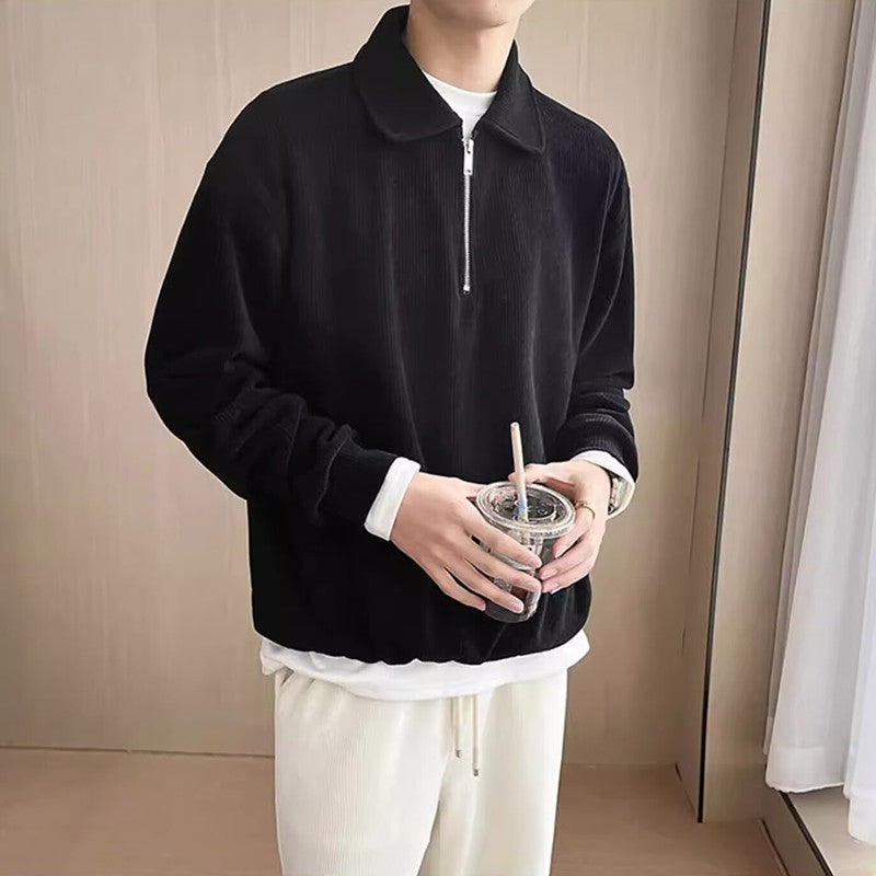 Autumn Vintage Polo Collar Sweater Men's Thickened Loose-Fit Half Zipper Knitwear New Anti-Pilling Flip Pullover Knit Sweaters