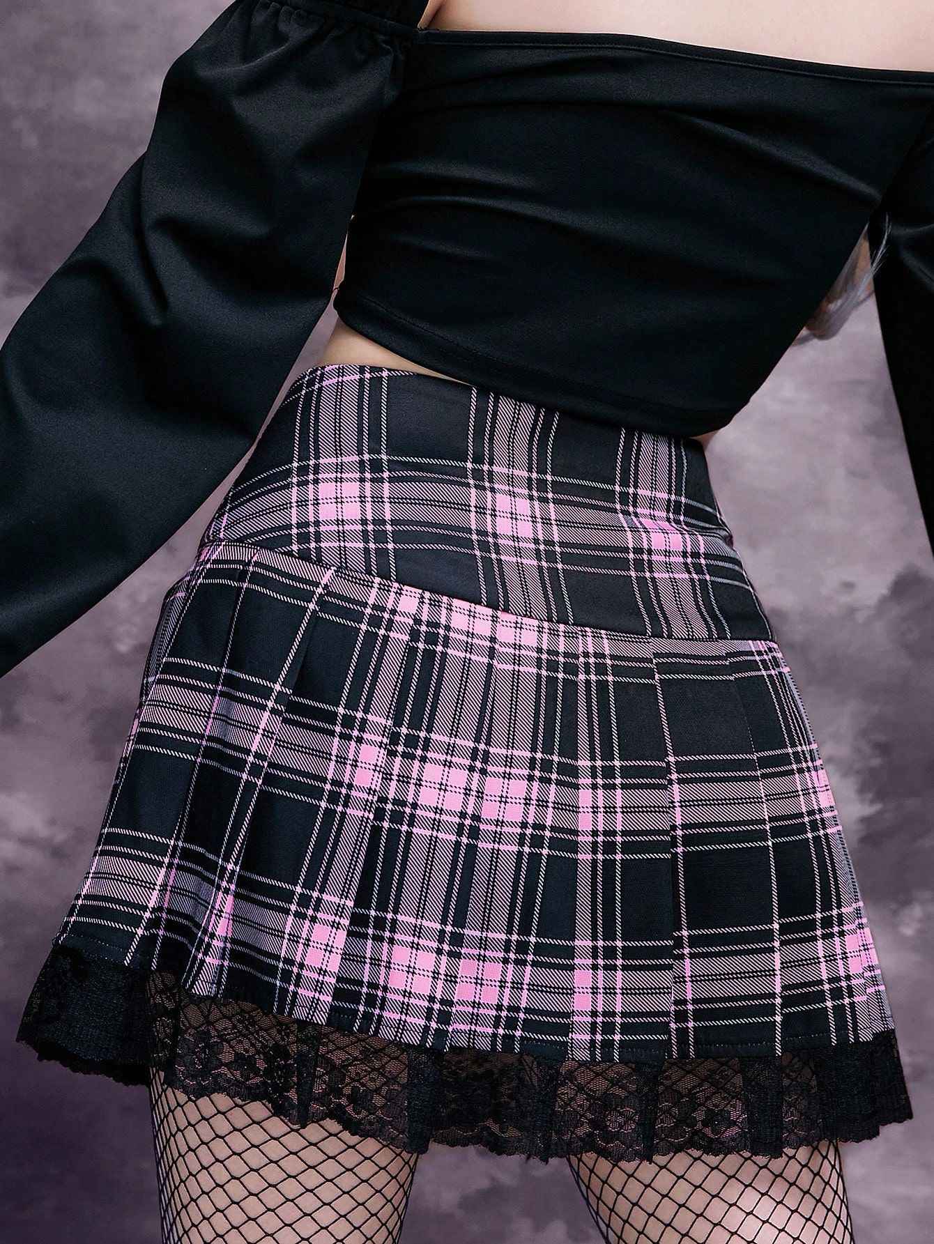 E-girl Retro Lace Up Pleated Skirt High Waist Plaid Print Mesh Stitching Hem Y2K Aesthetic Gothic Black Pink Mini Skirts Bodycon