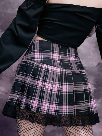 E-girl Retro Lace Up Pleated Skirt High Waist Plaid Print Mesh Stitching Hem Y2K Aesthetic Gothic Black Pink Mini Skirts Bodycon