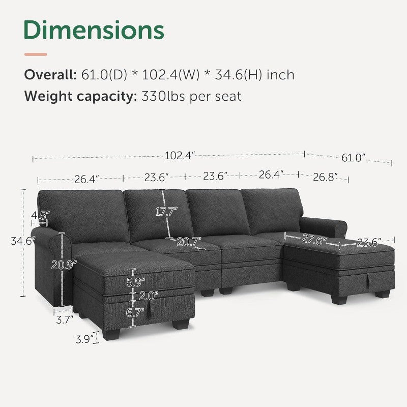 U-Shaped Sectional Sofa with Storage, Reversible Chaise for Living Room, Dark Grey