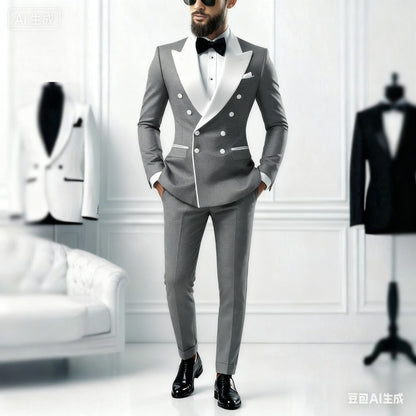 Men's 2-Piece Casual Smalking Set with White Lapel Blazer And Black Pants Wedding Groomsmen Suit for Ceremony And Festa