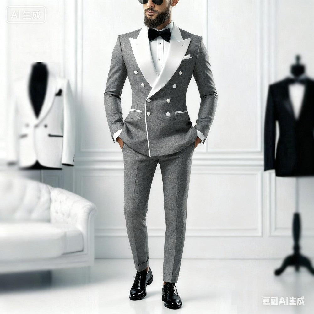 Men's 2-Piece Casual Smalking Set with White Lapel Blazer And Black Pants Wedding Groomsmen Suit for Ceremony And Festa