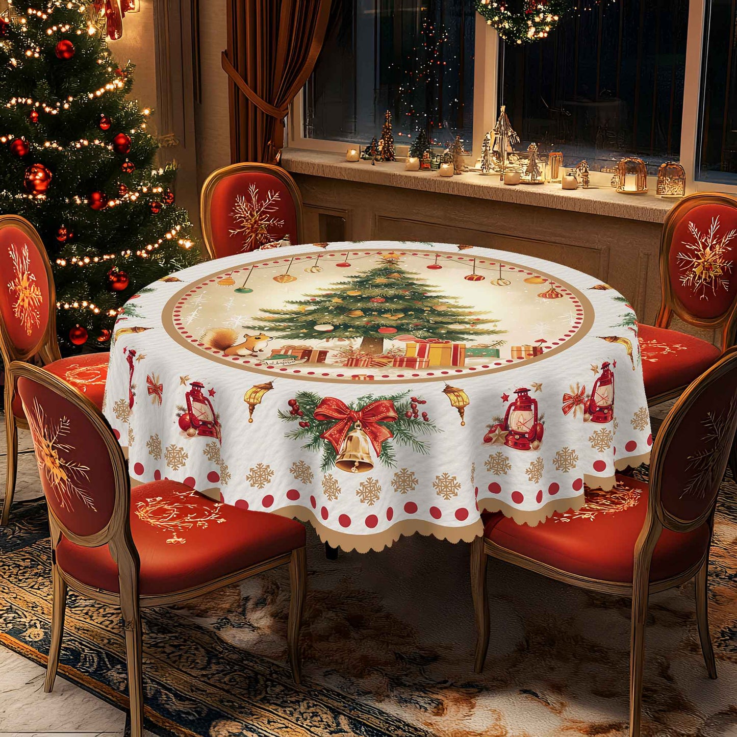 1 Piece Christmas Round and Rectangular Tablecloth, Various Sizes, Charming Christmas Tree Snow Scene Gold Tablecloth, Christmas Garden Tablecloth Decoration, Tablecloth for Daily Home Kitchen, Terrace, Gift