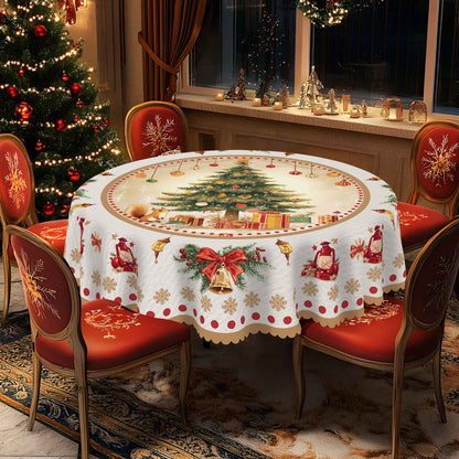 1 Piece Christmas Round and Rectangular Tablecloth, Various Sizes, Charming Christmas Tree Snow Scene Gold Tablecloth, Christmas Garden Tablecloth Decoration, Tablecloth for Daily Home Kitchen, Terrace, Gift