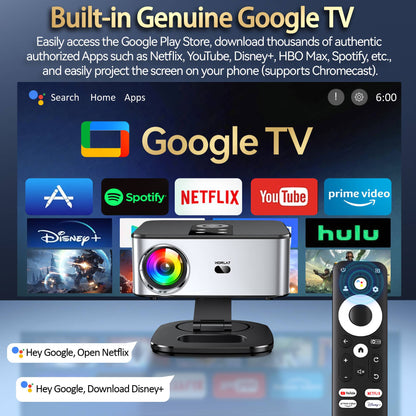 Projetor HORLAT Google TV 2000 ANSI Lumens, controle de voz, foco automático, Android, Wi-Fi 6, 4K UHD, projetor de cinema para home theater, Netflix Licenciado