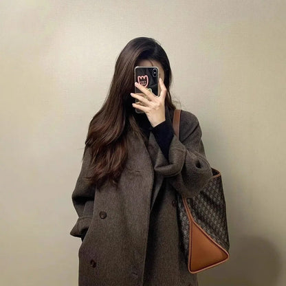 Thickened Over-Knee Mid-Length Woolen Coat Women's Autumn Winter Fashion Korean Style Women's Outerwear Polyester Fiber