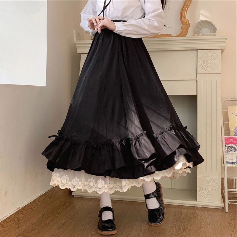 Fashion Sweet Midi Skirt Women Lace Patchwork Bow Preppy Fall Loose Casual Skirts Japanses Ruffle High Waist Solid Chic Skirt