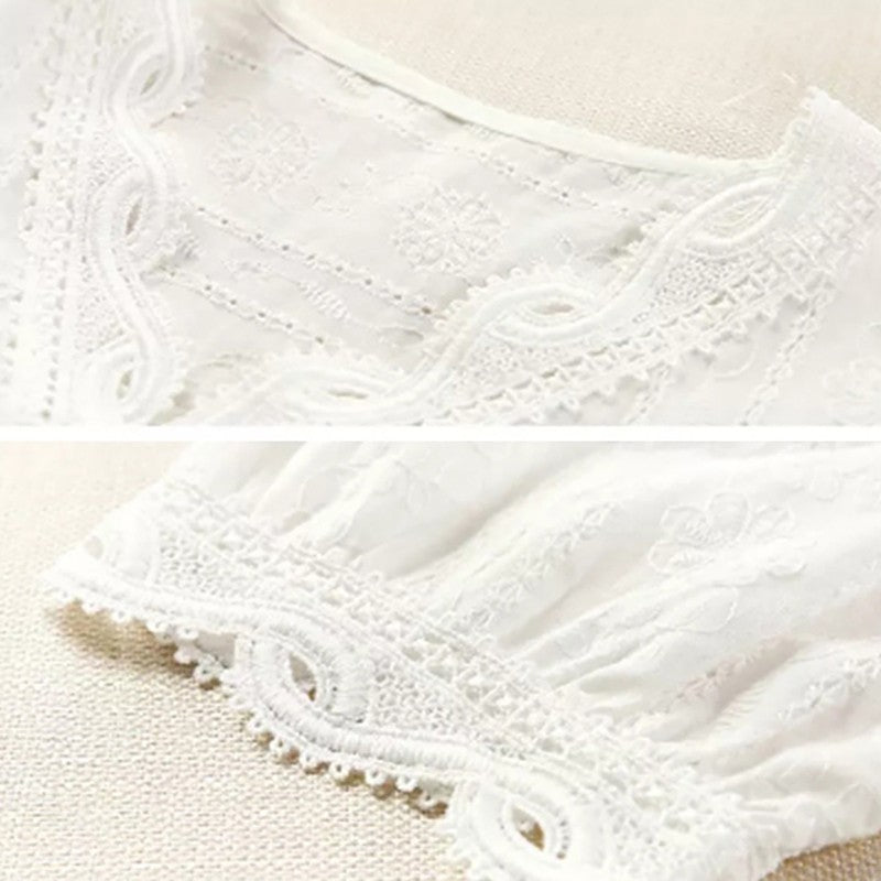 Women's Shirt Lace Hollow Out Sweet Loose White V-Neck Blouse Half Sleeves Solid Blouse Shirt