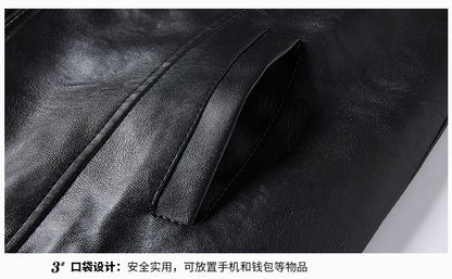 Men PU Leather Jacket Men Coats Windproof Motorcycle Autumn Stand Collar Travel Black Zipper Winter Business Zipper Overcoat