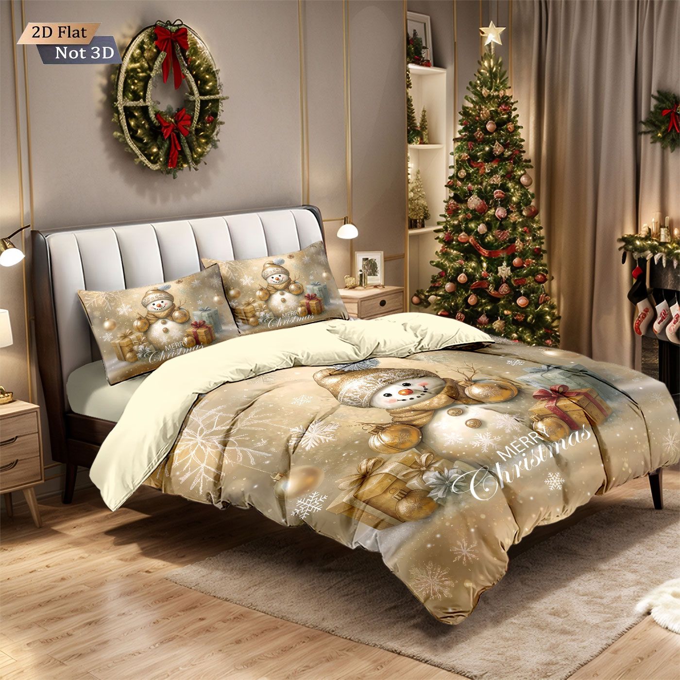 3pcs Golden Christmas Snowman Printed Chipless Bedding Set Soft Dormitory Bedroom Multiple Sizes Machine Washable
