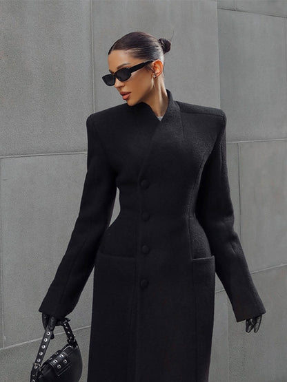 Black Tailored Long Coat Women Elegant Asymmetric Button Front Pockets Full Sleeve Criss-cross Neck Jacket 2025 Casual Outerwear