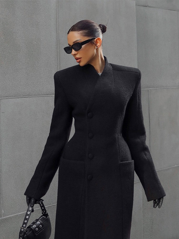 Black Tailored Long Coat Women Elegant Asymmetric Button Front Pockets Full Sleeve Criss-cross Neck Jacket 2025 Casual Outerwear