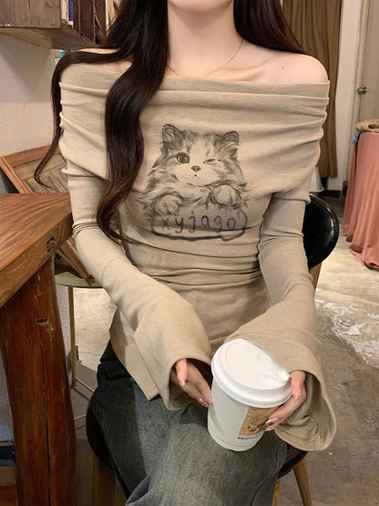 Y2k Cat Long sleeve T-shirt Women Luxury Korean Graphic Off shoulder Top Casual Lady Basic Tees Slim Sexy